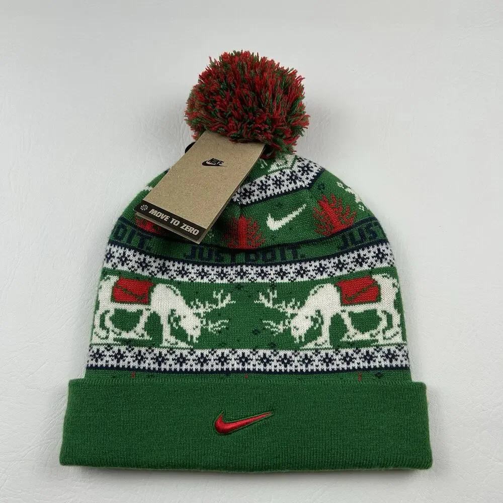Nike Christmas Pom Beanie Hat Green Reindeer Just Do It Cuffed One Size NWT